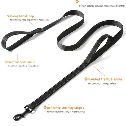 heavy duty double handle dog leash with reflective strips, padded traffic handle, and D-ring metal loop for large breeds