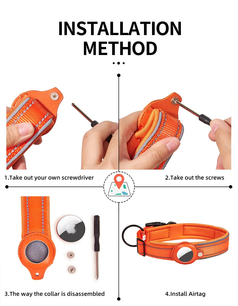Step-by-step guide to installing an AirTag on an orange dog collar with screwdriver