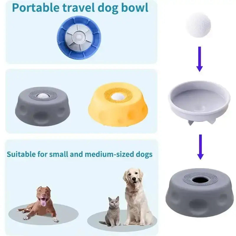 Portable travel slow feeder dog bowl with anti-overflow design, anti-slip base, and ball-shaped licking bowl for healthy eating