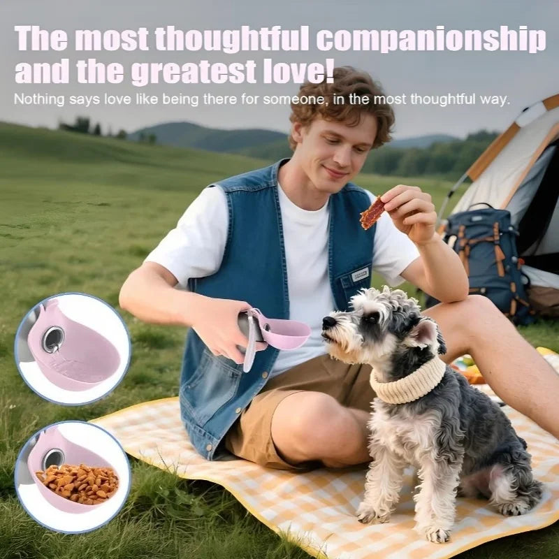 portable pet water bottle for outdoor travel, leak-proof 2-in-1 pet drinking and feeding container