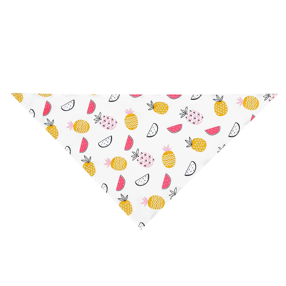Triangle dog bandana with colorful pineapple and watermelon fruit print on white fabric