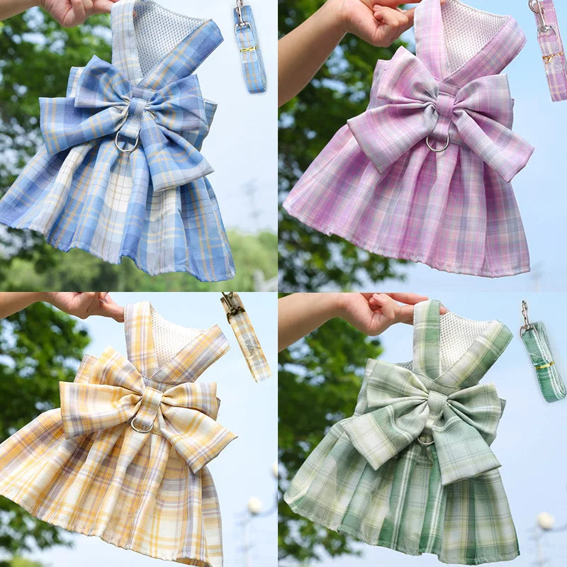 Plaid pet dress with leash for small dogs and cats, bow plaid pet dress with leash in blue, pink, yellow, and green