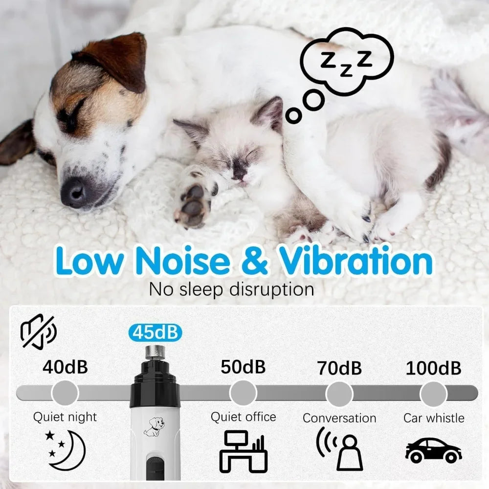 rechargeable pet nail grinder with low noise and vibration for quiet dog and cat nail grooming, USB charging LED pet claw trimmer