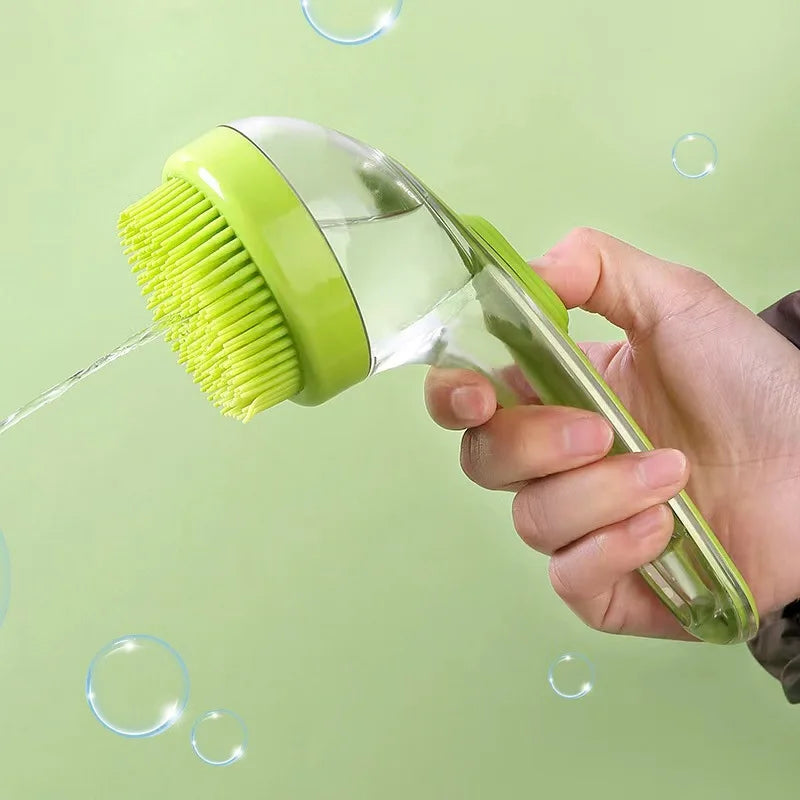 pet bath brush with shampoo dispenser for gentle grooming and cleaning, soft silicone long handle brush
