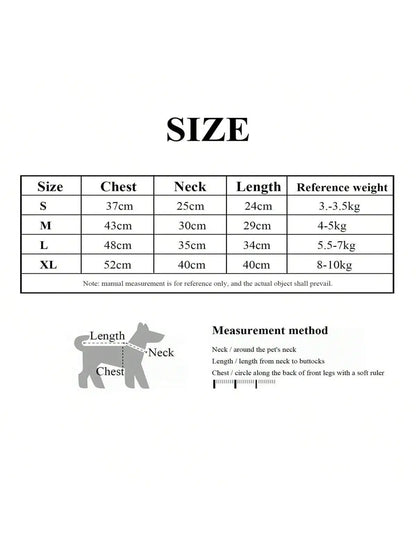 Dog apparel size chart with chest, neck, length, weight guide and measurement diagram.
