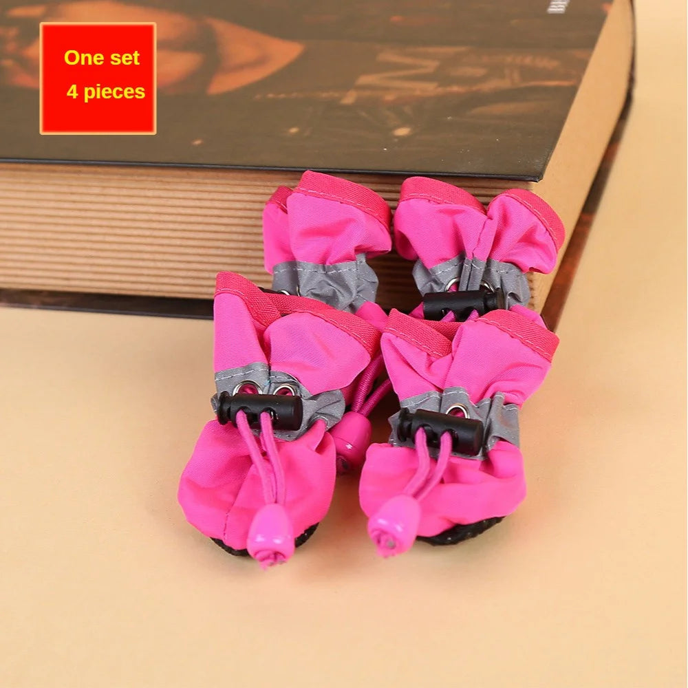 water-resistant dog shoes for small dogs, burgundy PU canvas outdoor rain boots, 4pcs set for dry paw protection