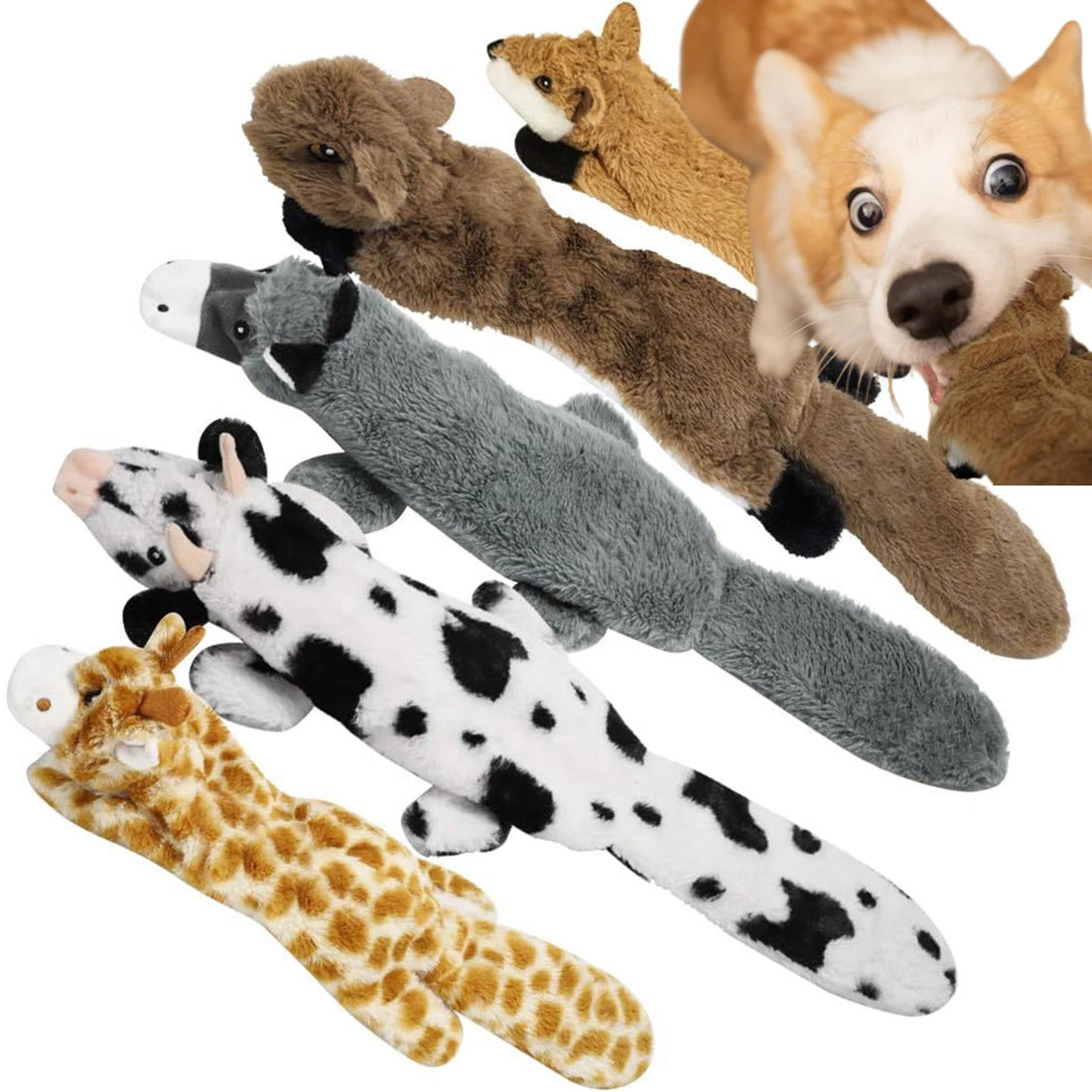 5PCS no stuffing squeaky dog toys set with crinkle plush fox, giraffe, squirrel, cow and donkey designs for dogs