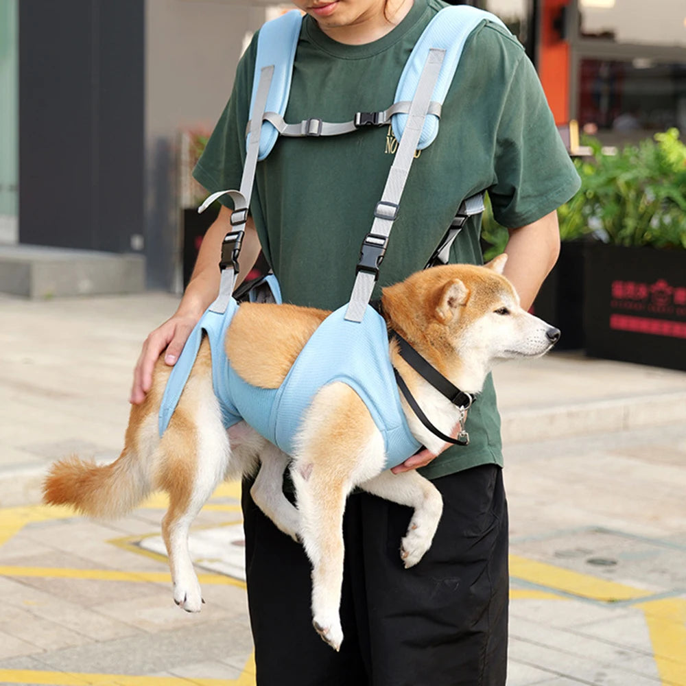 Person carrying Shiba Inu in a horizontal dog carrier backpack, breathable pet sling for small and medium dogs