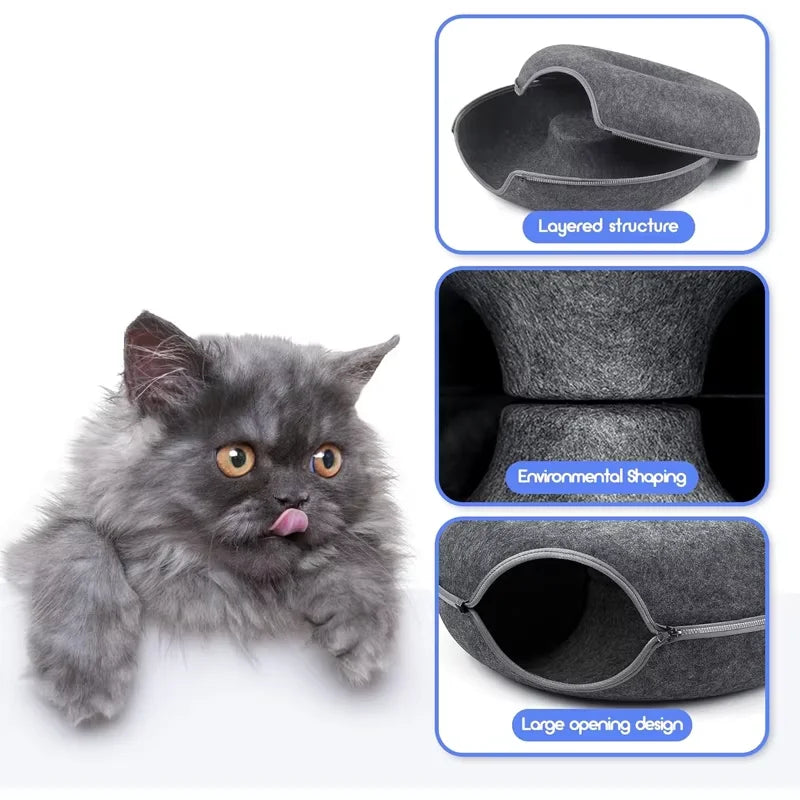 round cat tunnel bed for cats, cozy felt donut nest with large opening, layered structure, and sleeping cushion