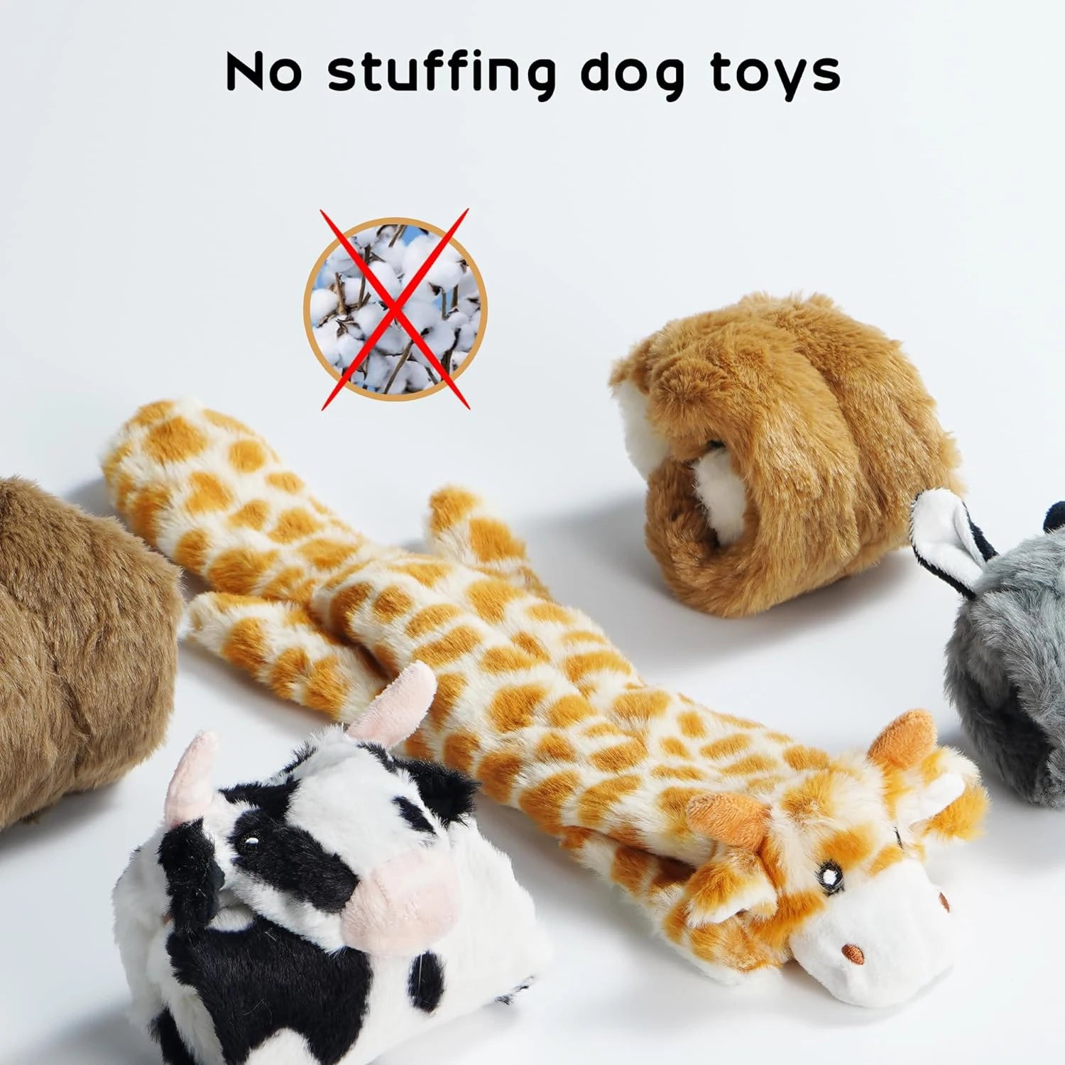 no stuffing squeaky dog toys plush set for dogs, crinkle plush animals fox giraffe squirrel cow donkey