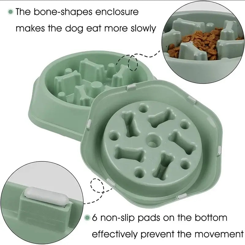 Slow feeder dog bowl with bone-shaped maze design and non-slip pads for anti-choking pet feeding