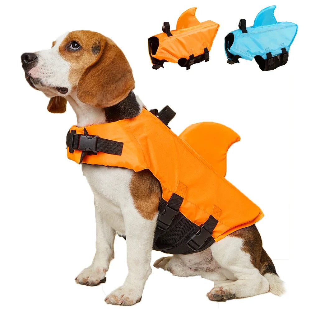 small dog shark fin life jacket orange buoyancy vest with handle for safe swimming, surfing, and beach outings