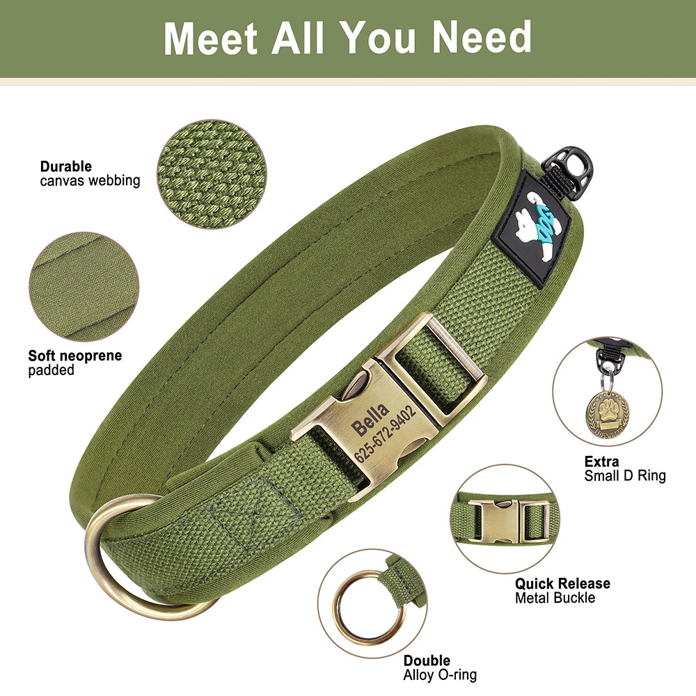 Personalized nylon dog collar with adjustable fit, free engraving, durable nylon, and quick-release buckle for small to large dogs.