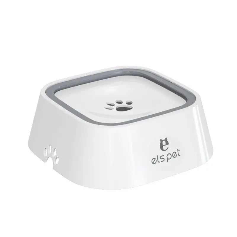 White no-spill dog water bowl with splash-proof slow feeder design, 1L capacity, durable plastic pet drinking dish