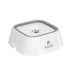 White no-spill dog water bowl with splash-proof slow feeder design, 1L capacity, durable plastic pet drinking dish