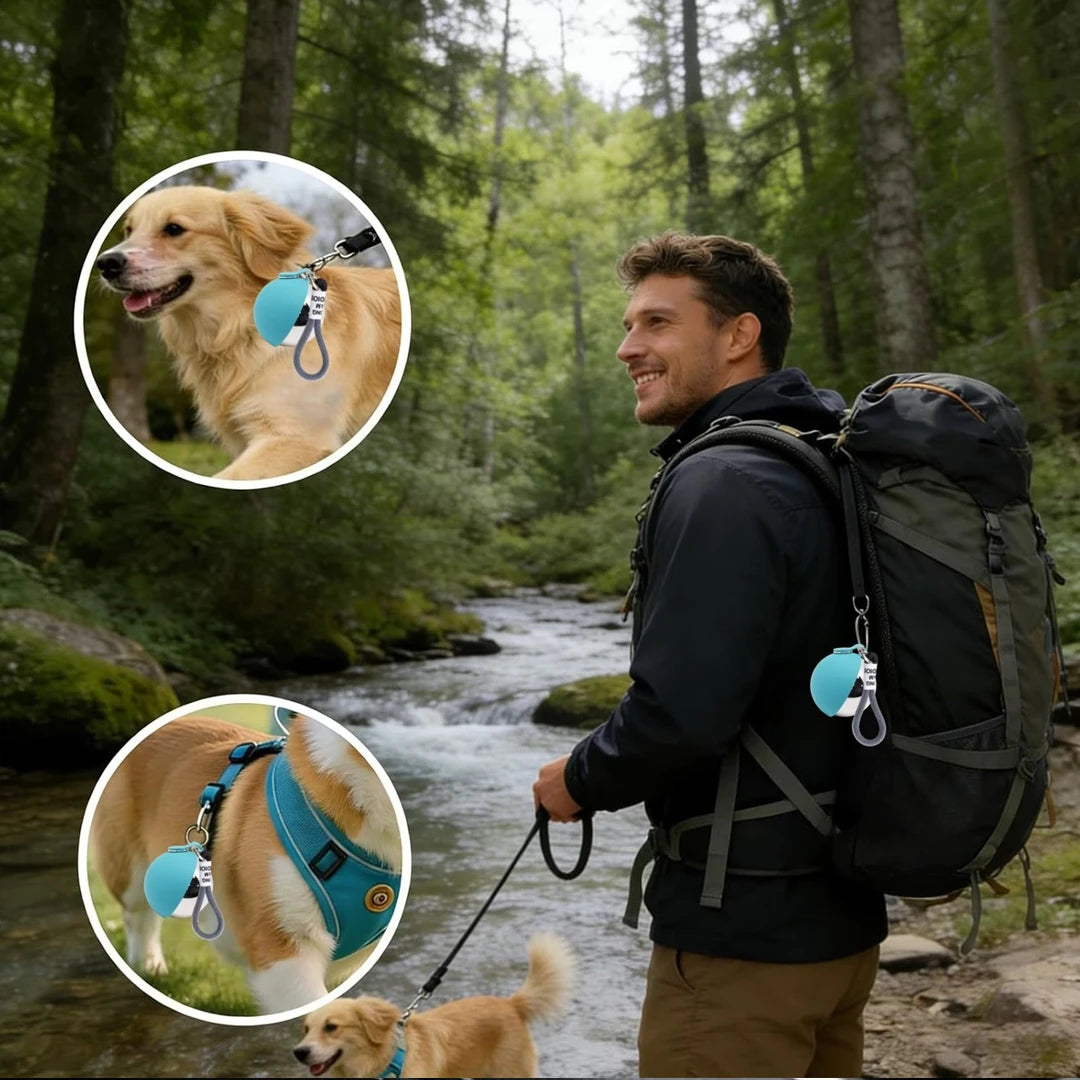 Man hiking with dog using portable dog water bottle with bowl for outdoor hydration by the stream