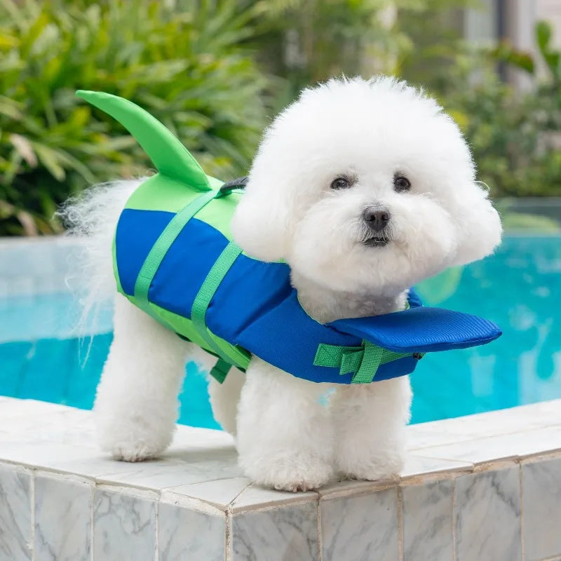 Blue and green dog life jacket for small dogs, breathable waterproof swim vest with handle for pool safety