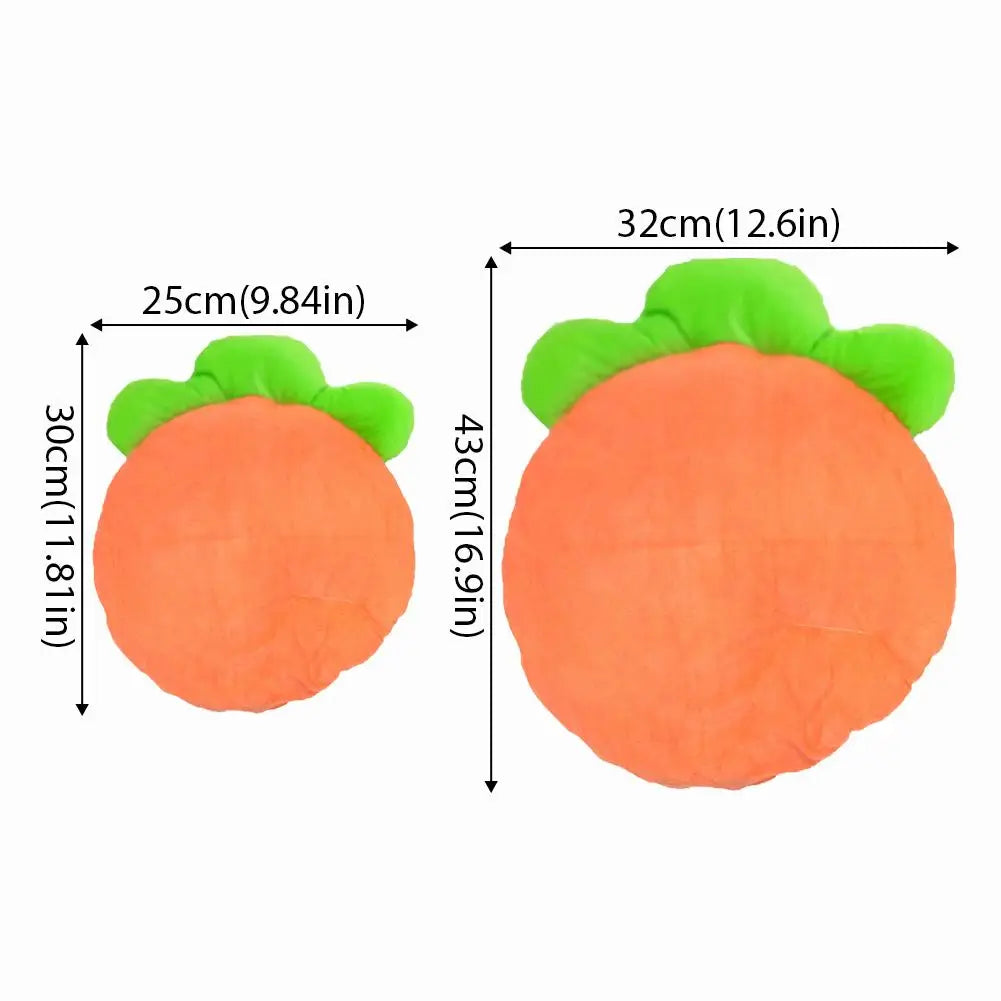 Washable cat bed mat carrot-shaped cushion with high elastic cotton, shown in 25x30cm and 32x43cm sizes for small and medium pets
