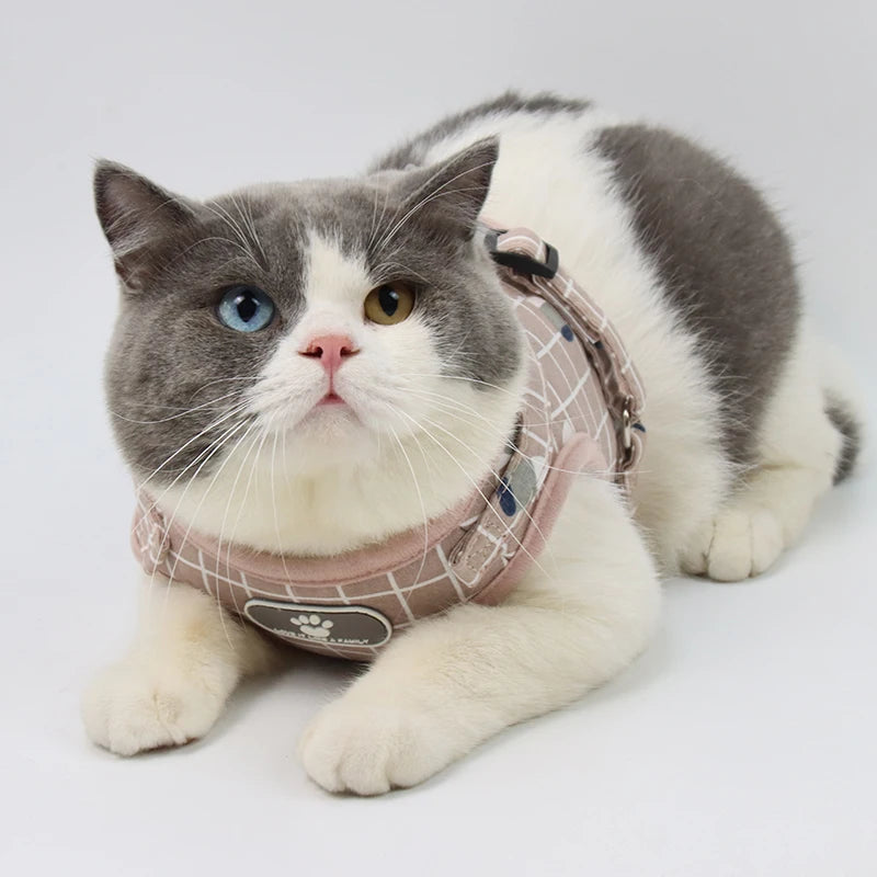 adjustable cat and small dog harness and leash set plaid mesh vest on a cat with reflective breathable fit
