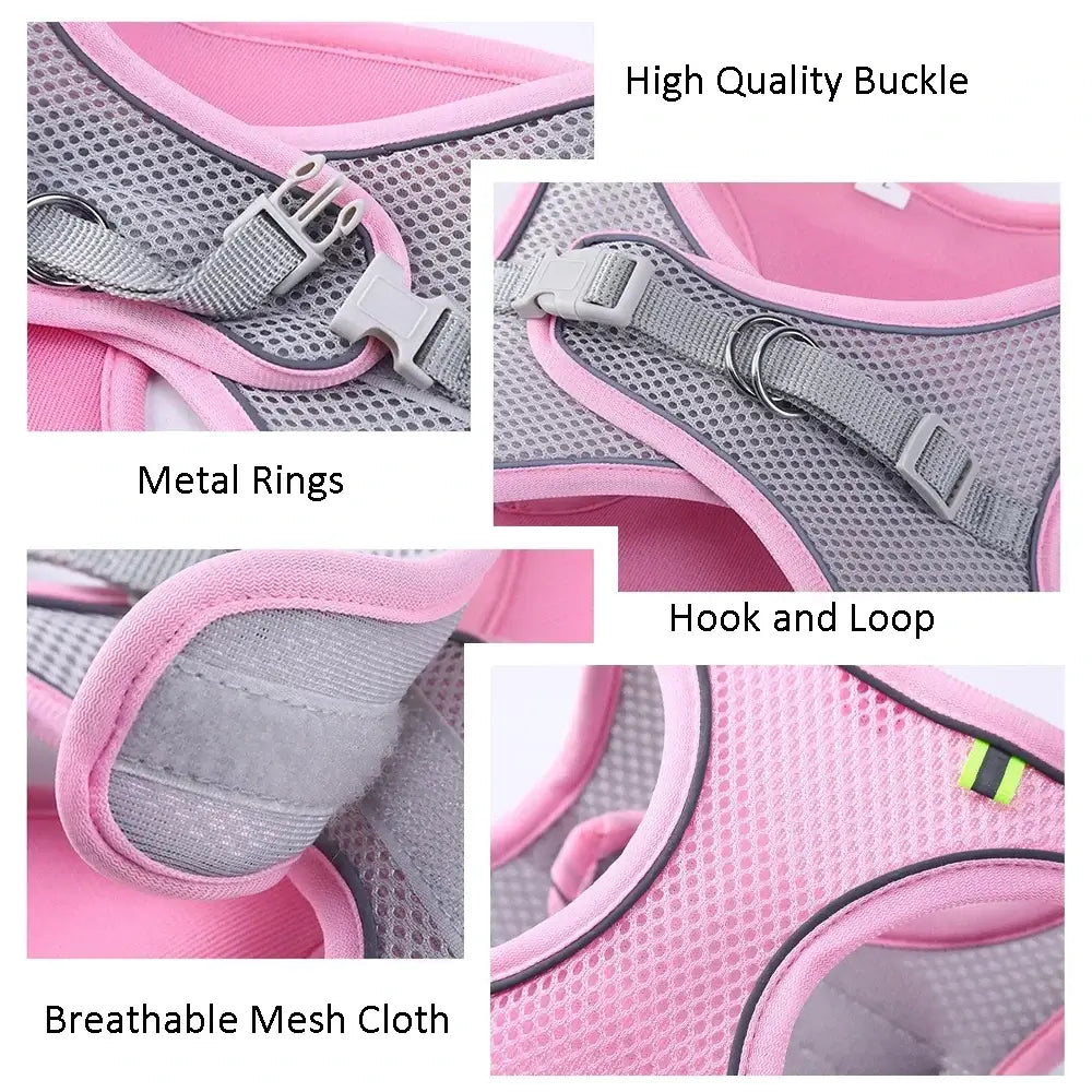 adjustable reflective dog harness vest with metal rings, hook and loop closure, breathable mesh cloth, and high quality buckle