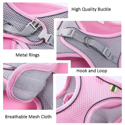 adjustable reflective dog harness vest with metal rings, hook and loop closure, breathable mesh cloth, and high quality buckle