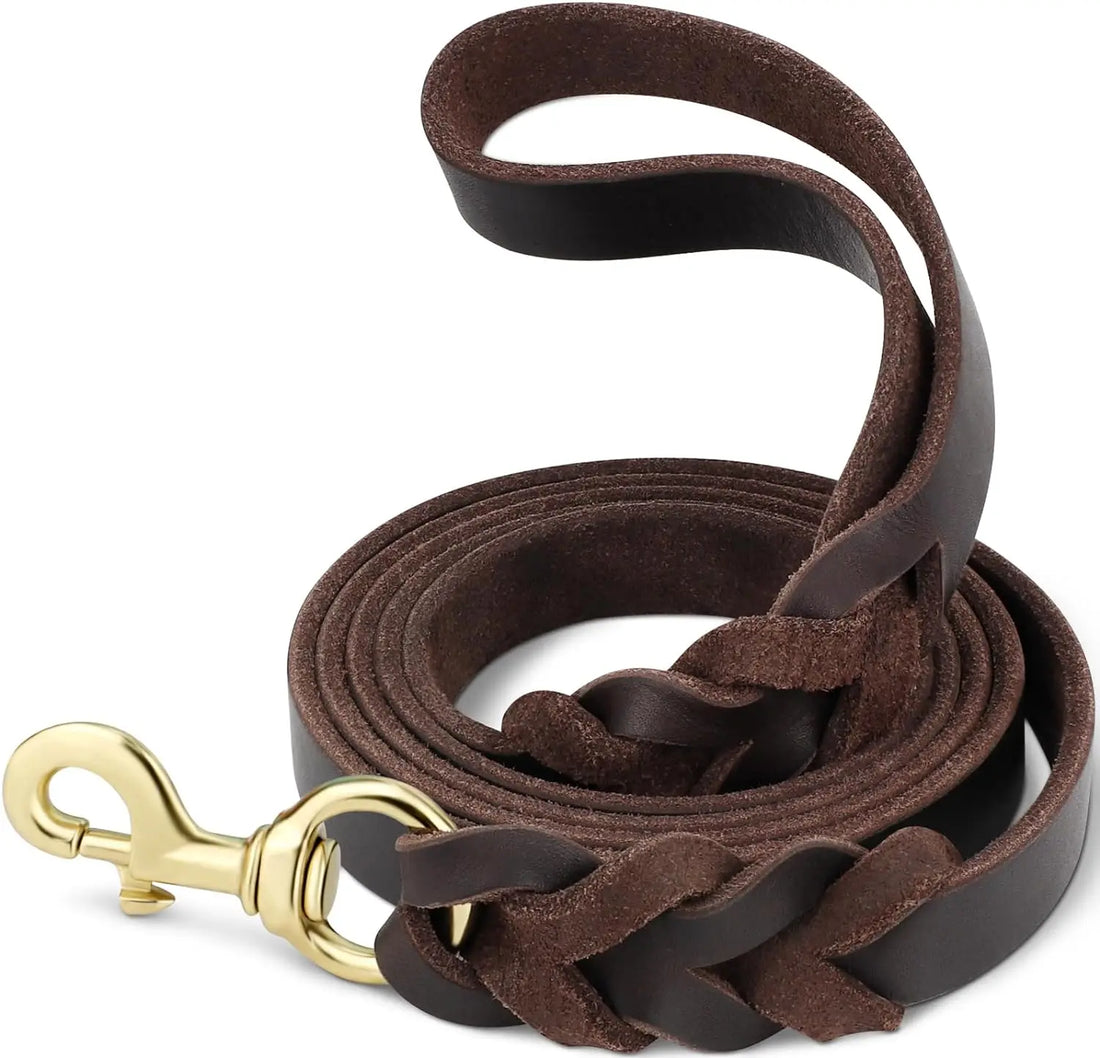 Brown heavy duty leather dog leash with braided genuine leather and gold quick-release clasp for training and walking