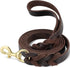 Brown heavy duty leather dog leash with braided genuine leather and gold quick-release clasp for training and walking