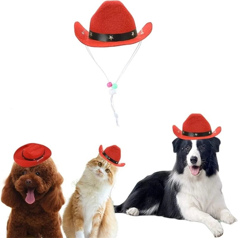 Pets wearing red cowboy hats with star accents, pet costume accessory for dogs and cats