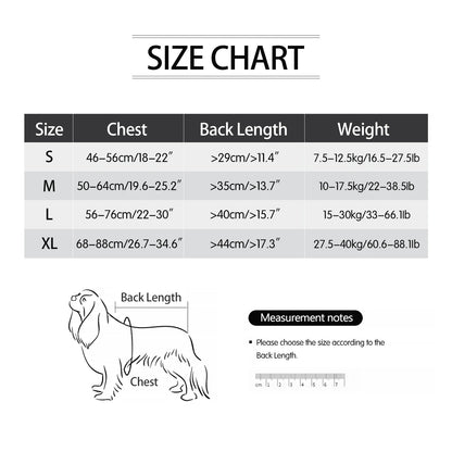 shark dog life jacket size chart for adjustable pet flotation vest with chest, back length, and weight measurements