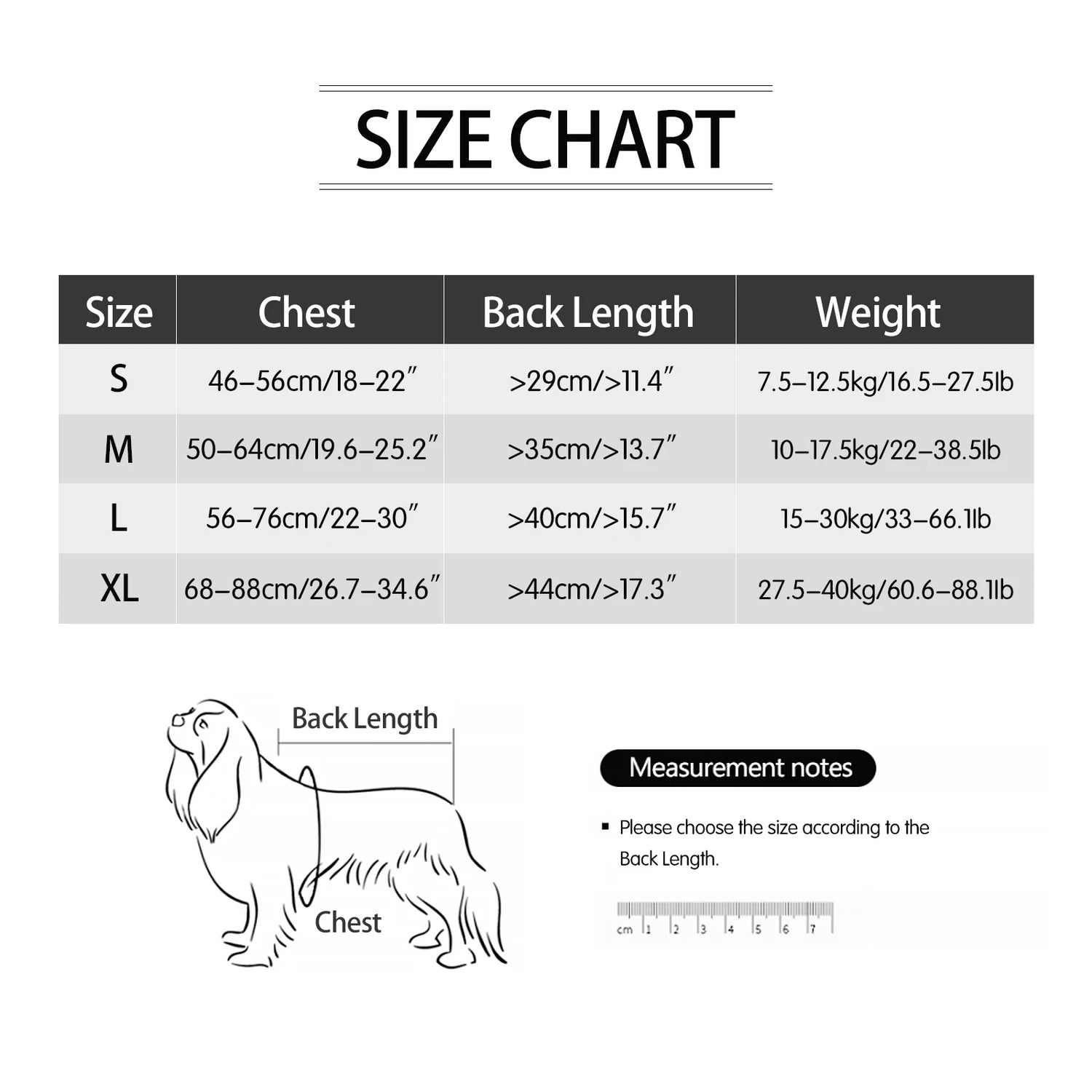 shark dog life jacket size chart for dogs, adjustable pet flotation vest measurements for chest, back length, and weight