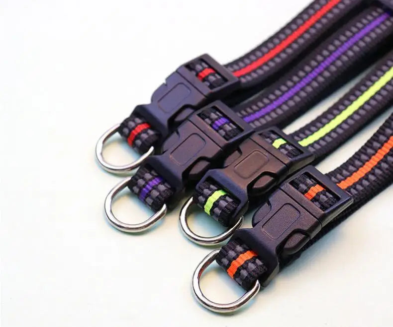 Reflective dog collar with adjustable nylon strap and metal buckle for dogs and cats walking safely at night