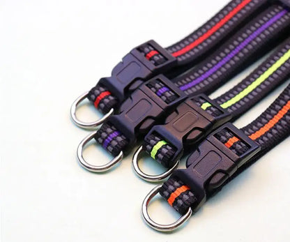 Reflective dog collar with adjustable nylon strap and metal buckle for dogs and cats walking safely at night