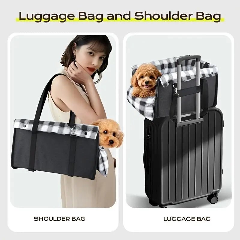 Luggage Bag and Shoulder Bag showcasing a woman carrying a shoulder bag with a small dog, alongside a luggage bag.