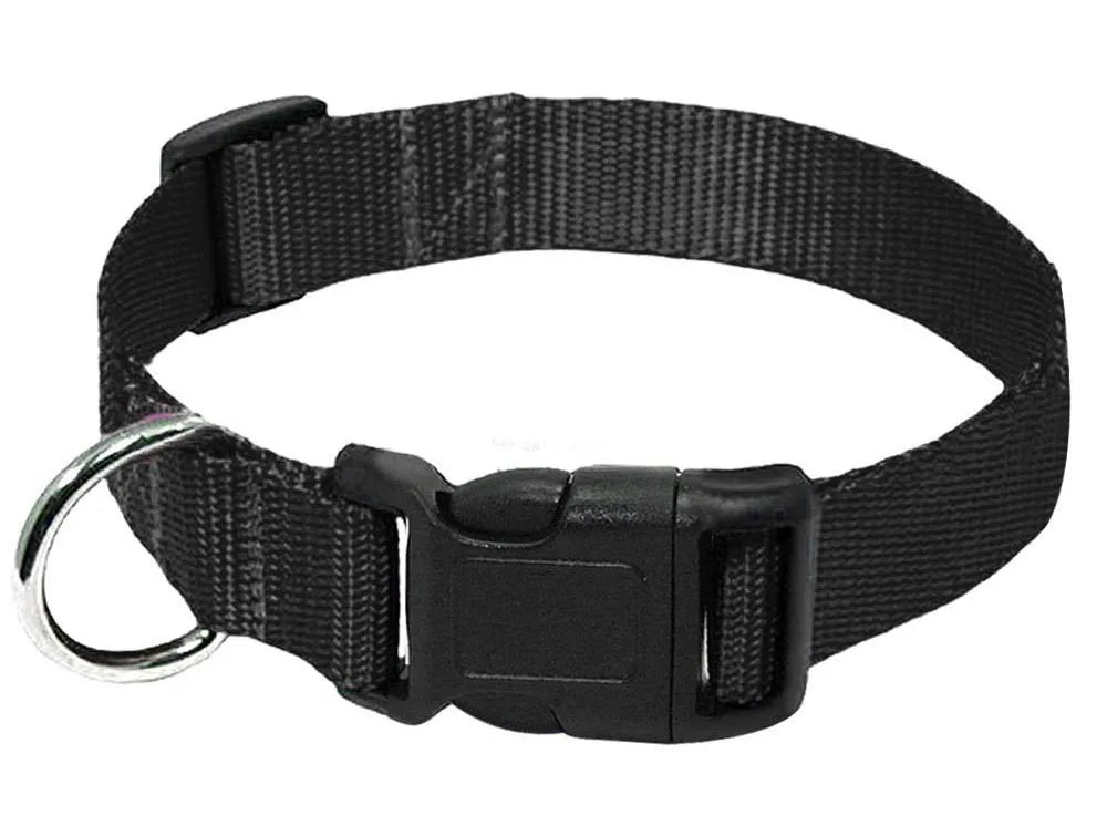 adjustable dog collar with D-ring black nylon quick release buckle for dogs, goats, sheep, and horses