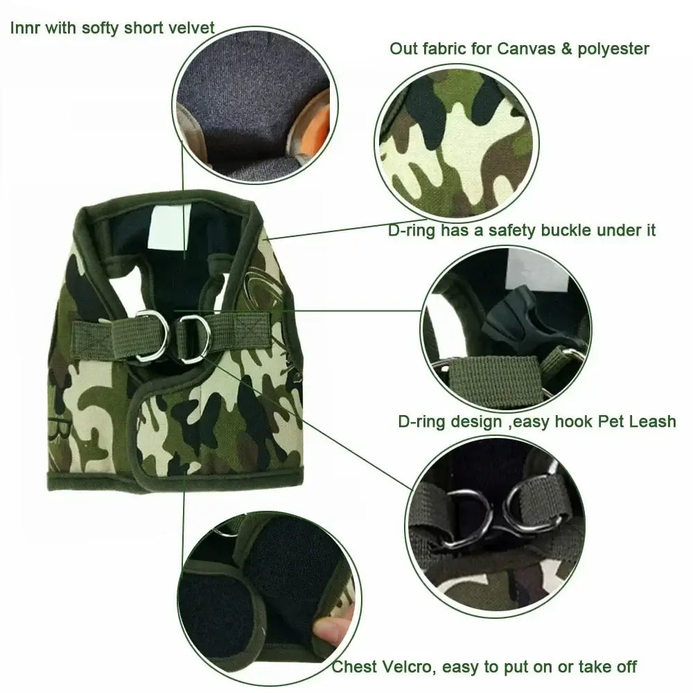 small dog harness leash set camouflage army chest vest with soft velvet lining, buckle, and quick-release design