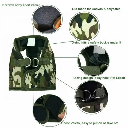 small dog harness leash set camouflage army chest vest with soft velvet lining, buckle, and quick-release design