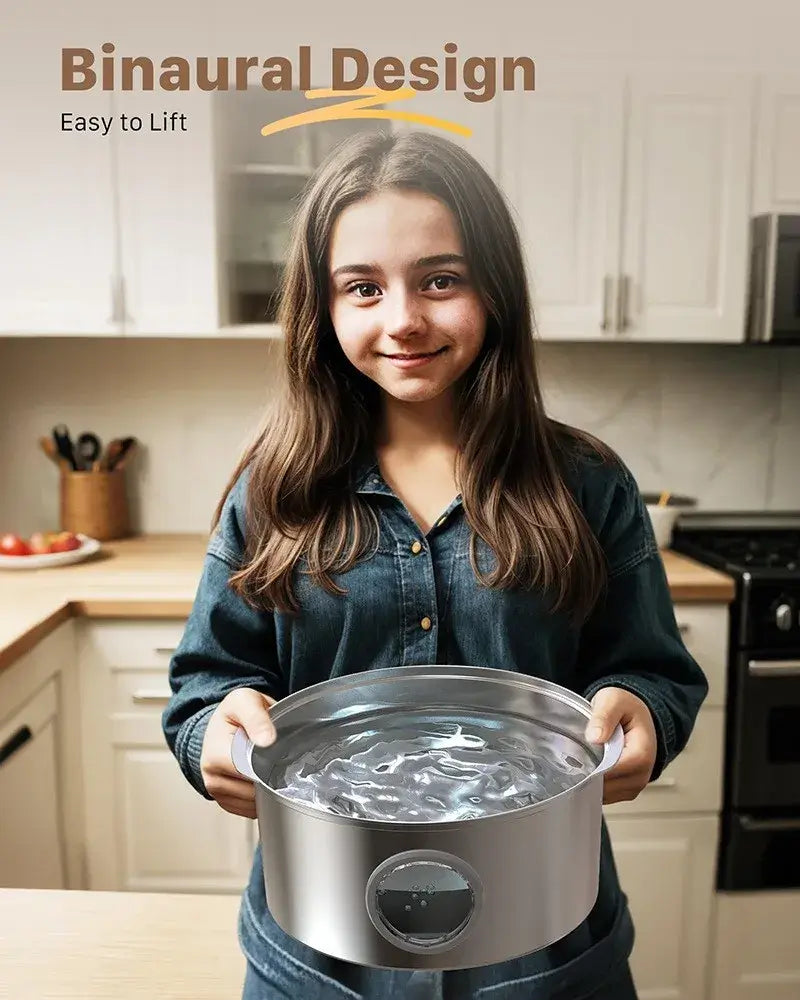 Girl holding a stainless steel pet water fountain in a kitchen, easy-to-lift binaural design for dogs and cats