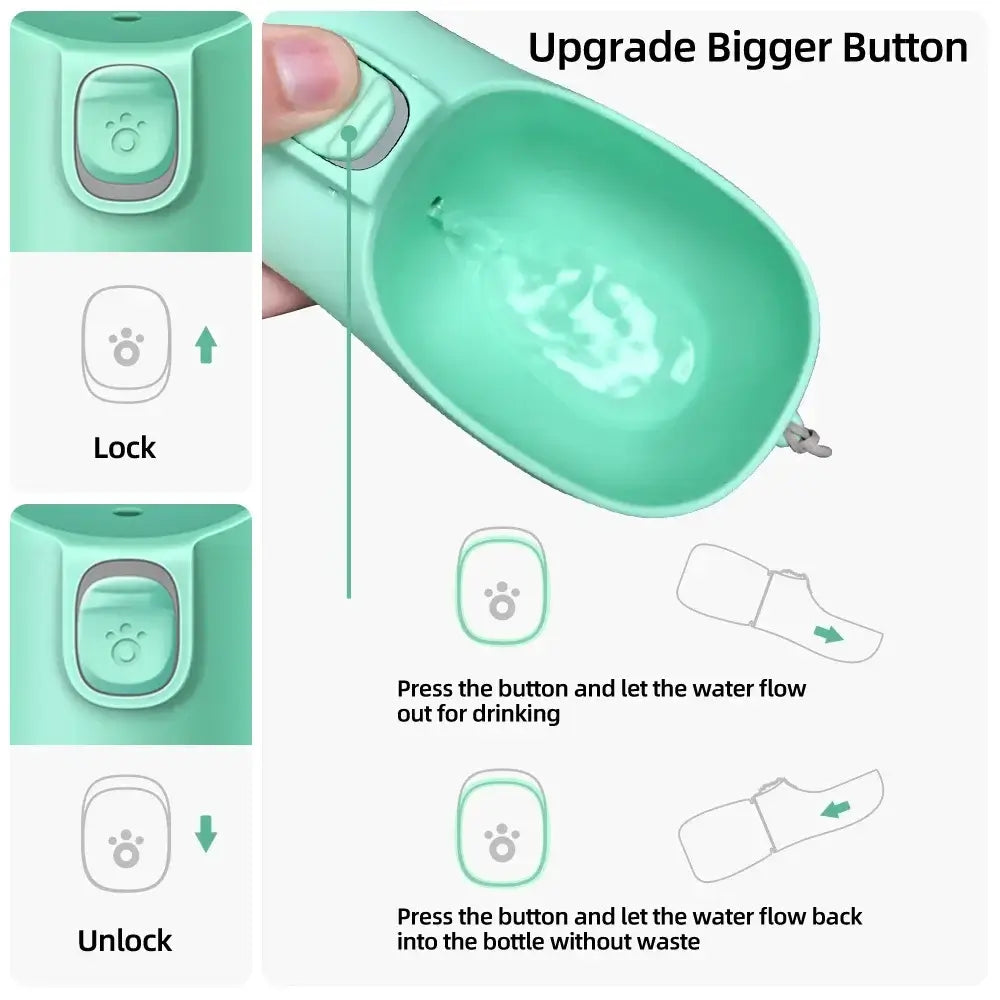 Leakproof dog water bottle with bigger button, lock/unlock function, portable pet travel bowl for dogs and cats