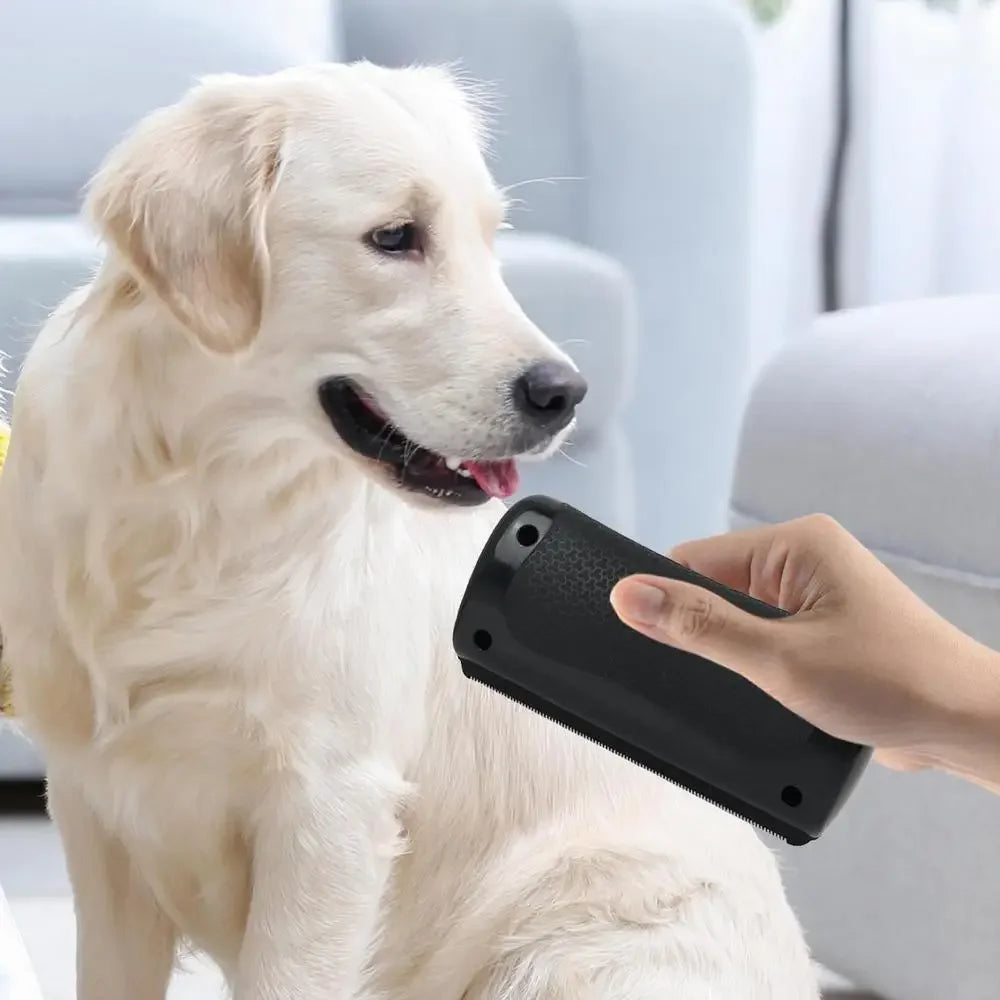 pet deshedding brush used on a golden retriever to remove loose fur and knots for easy dog grooming