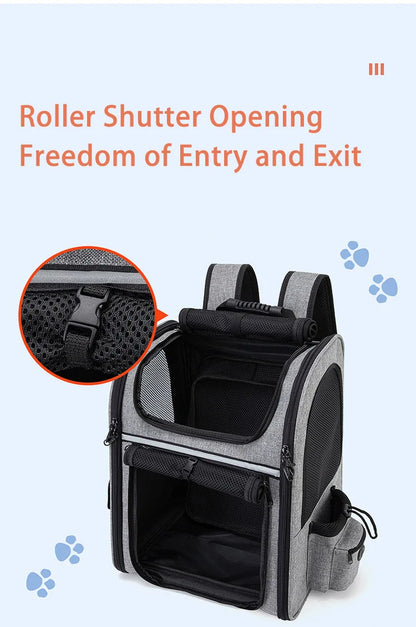 Expandable pet backpack carrier with roller shutter opening, breathable foldable cat and dog carrier bag for outdoor travel