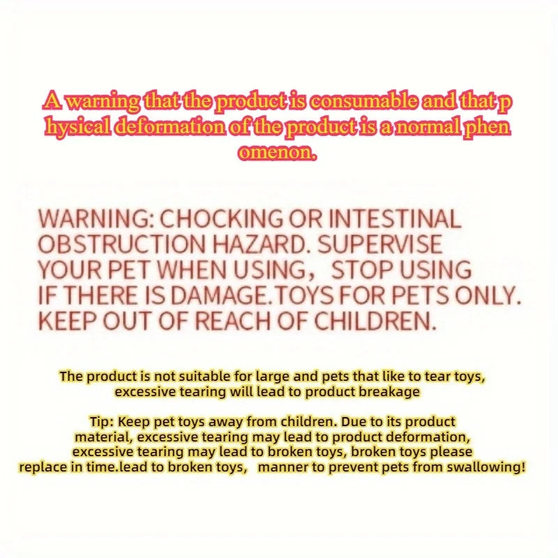 Pet toy safety warning for choking hazard, supervision advice, and suitability details.