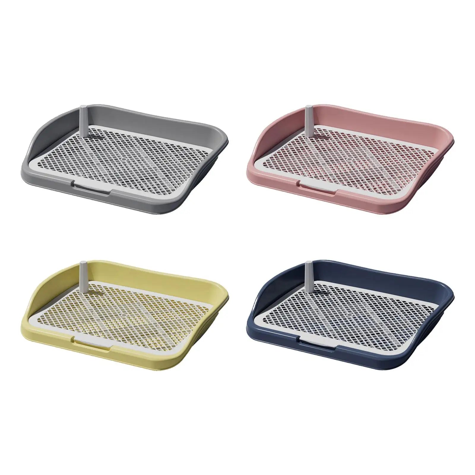 Set of four plastic dog potty trays with mesh grid in gray, pink, yellow, and navy blue.