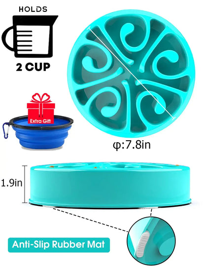 slow feeder dog bowl, anti-slip, 2 cup capacity, 7.8in turquoise puzzle bowl for dogs