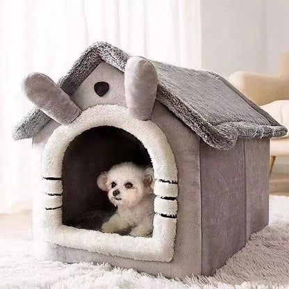 Gray coral fleece dog house style bed, removable washable pet bed for small dogs, teddy winter warm house