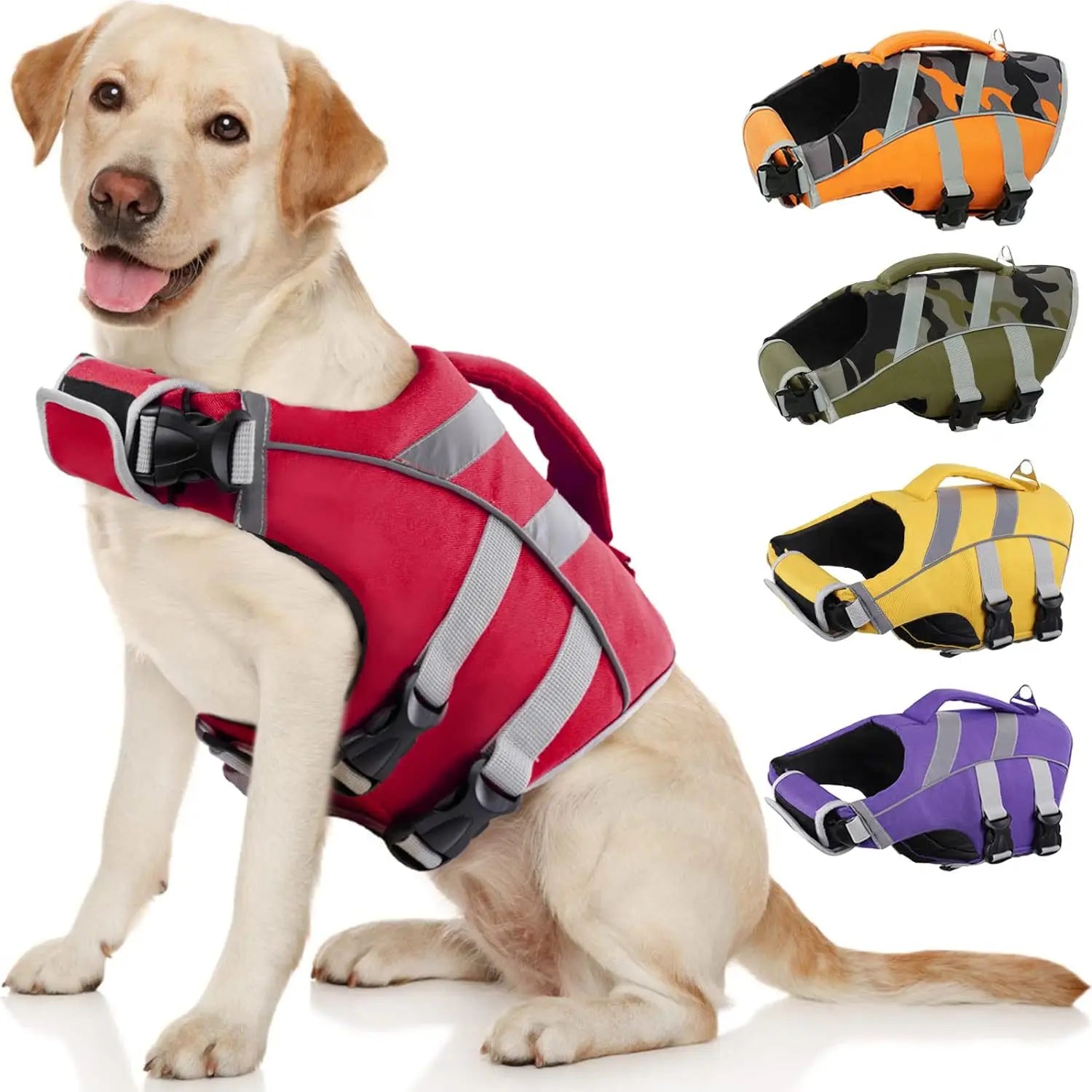 Reflective dog life jacket for dogs, adjustable buoyancy vest for swimming safety, available in multiple colors