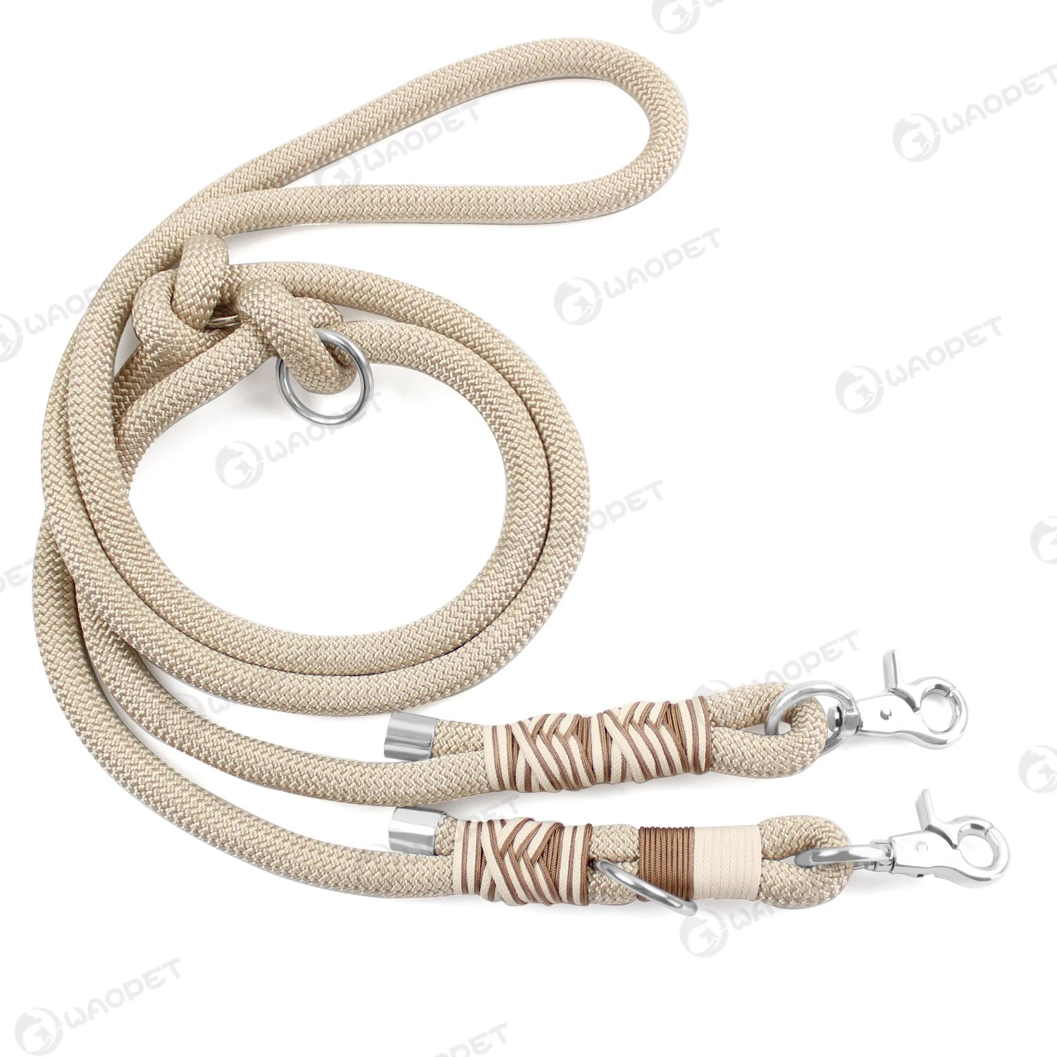 Khaki hands free dog leash for medium and large dogs, braided nylon rope, double buckle, 200cm, quick release