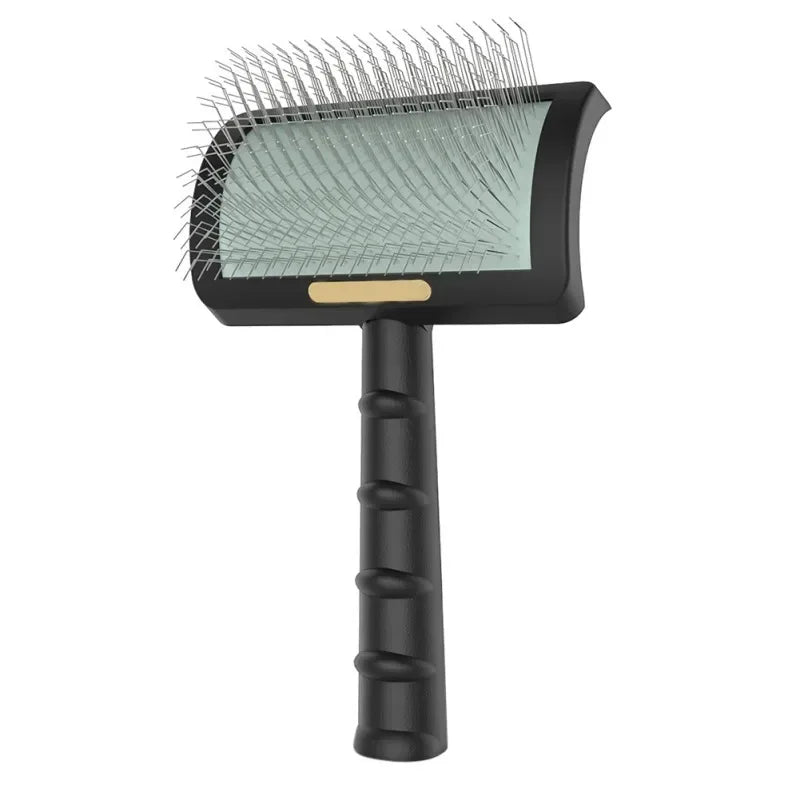 Black ergonomic dog grooming slicker brush with angled metal bristles for detangling fur