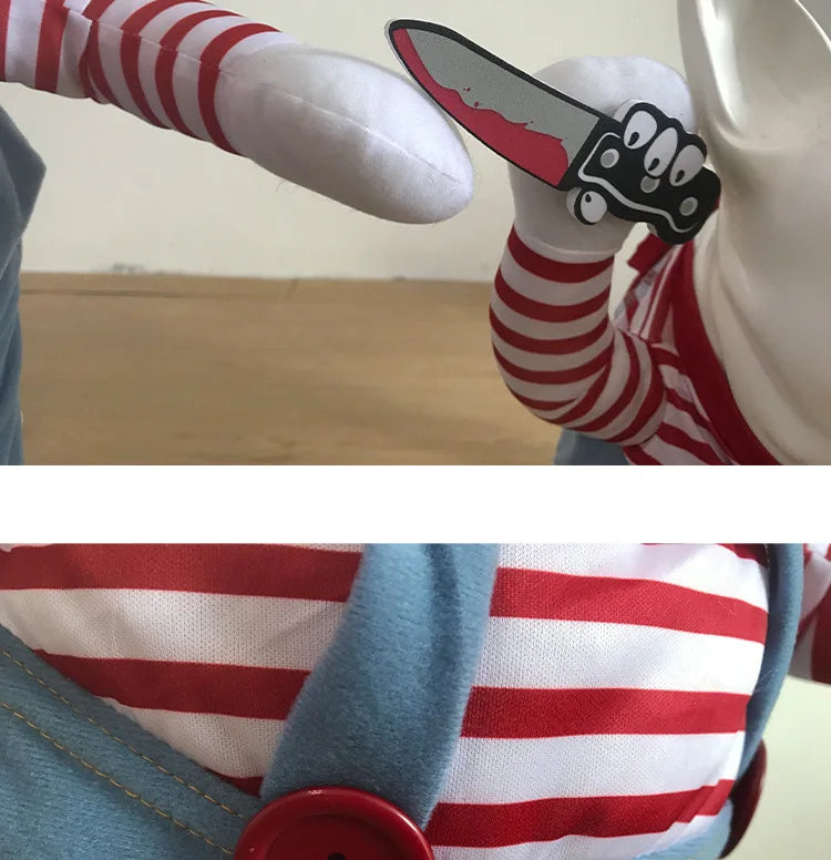 Dog costume with red striped sleeves, blue overalls, and a fake bloody knife prop