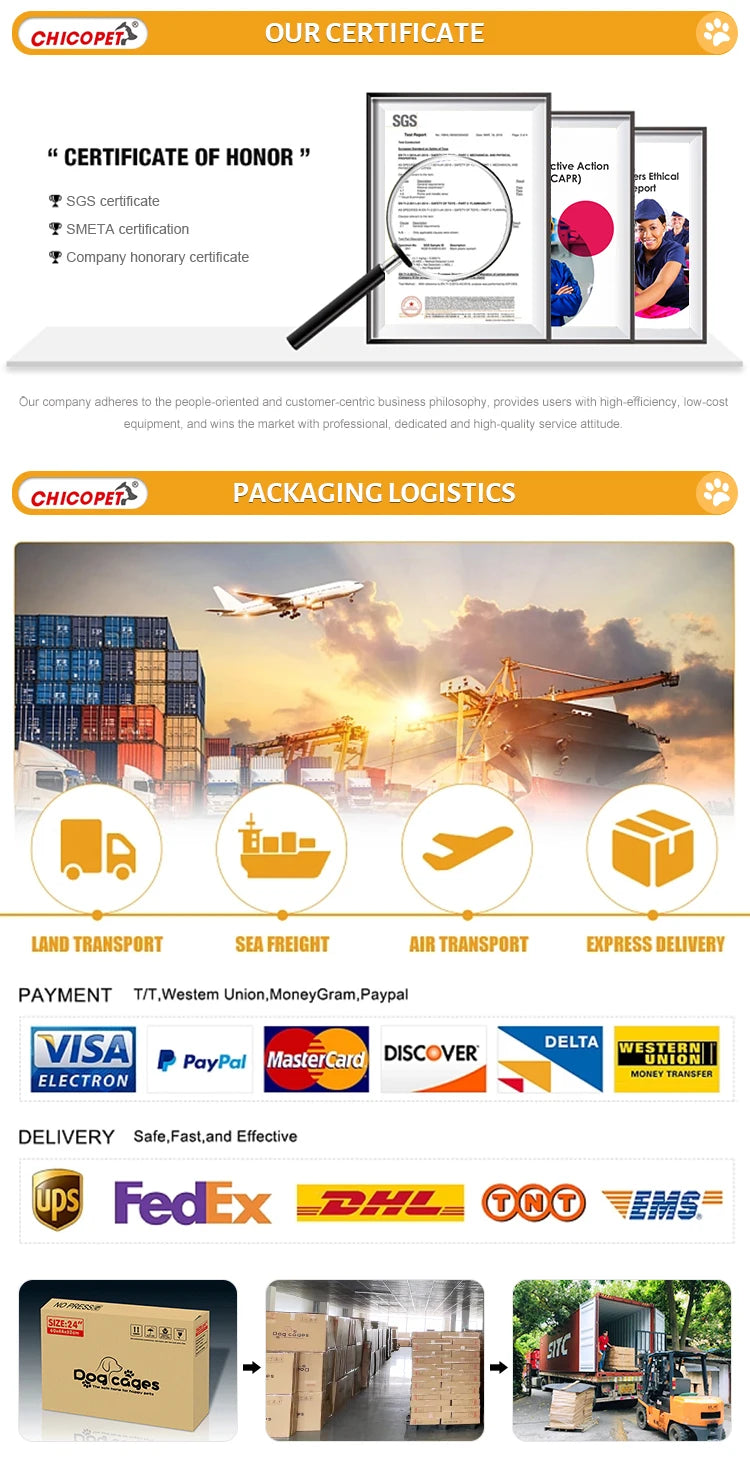 Certificate of honor and packaging logistics for reliable delivery services including land, sea, air transport and various payment methods.