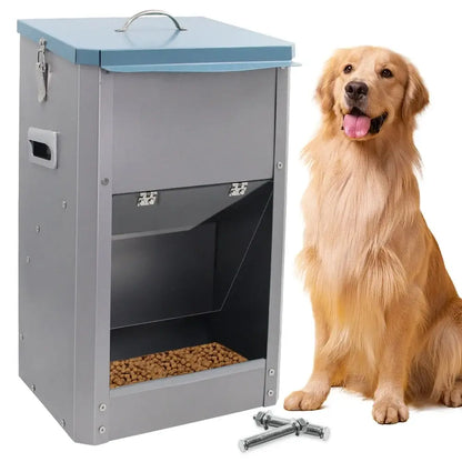 26LB galvanized automatic dog feeder with blue lid, large-capacity metal gravity pet food dispenser for outdoor use